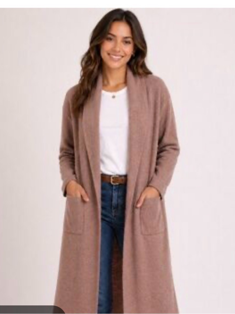 Long Open-Front Women's Cardigan Sweater in Dusty Rose
